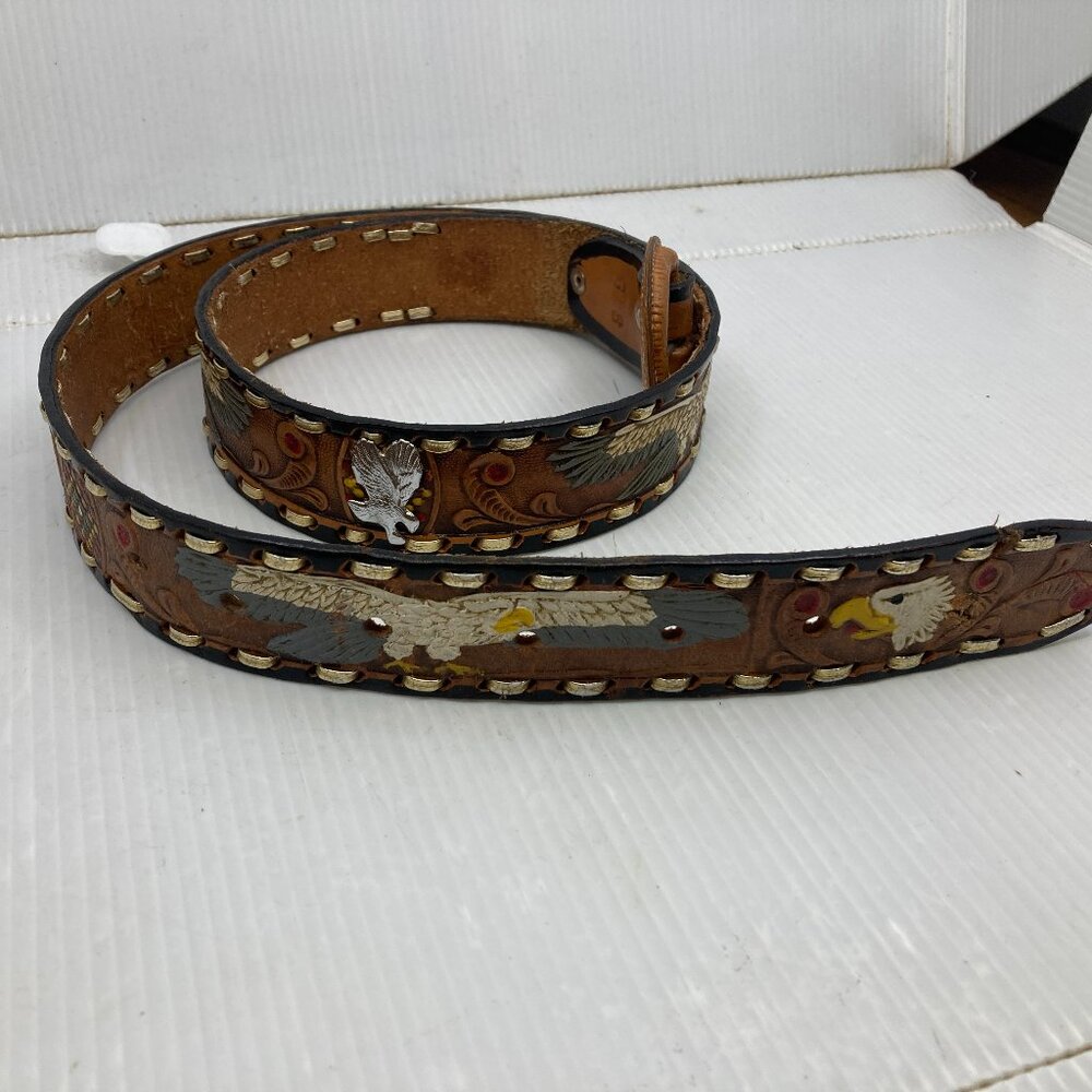 Vtg 1980 western cowboy hand painted leather mens belt sz 38